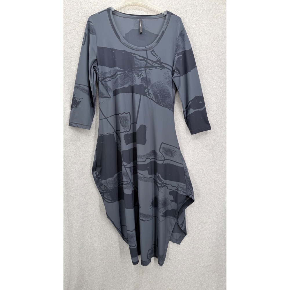 Porto Midi Dress Women's 3 Gray Abstract Asymmetrical Italian Fabric Lagenlook